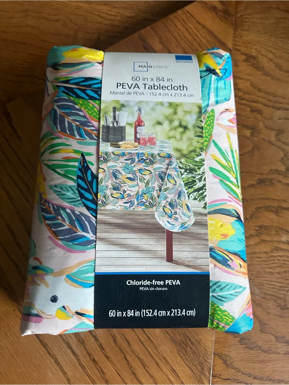 Mainstays Tropical Leaf PEVA Tablecloth in Blue, Green, Yellow, Pink & Cream